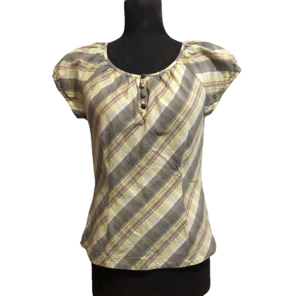 Yellow, White & Gray Plaid Puff Sleeve Blouse, Size Medium